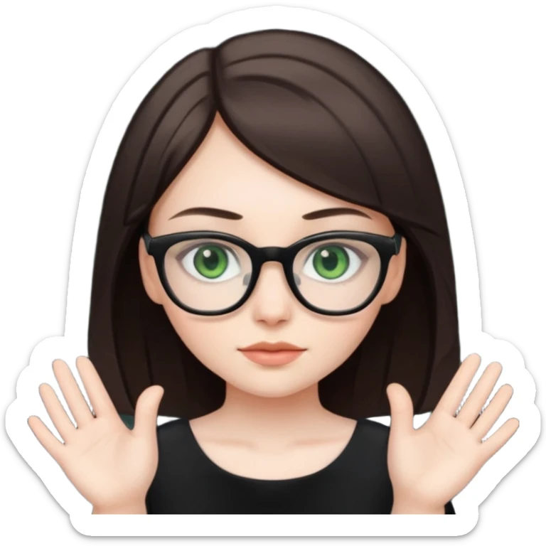 a cute white brunette girl with green eyes in a black dress wearing glasses  with two hands  sticker
