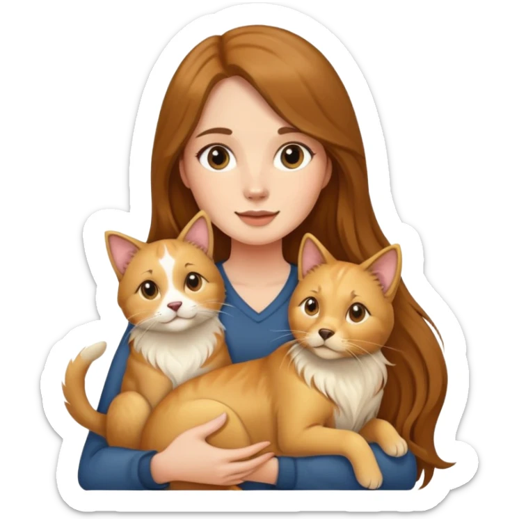 Woman with long brown hair holding a golden retriever dog and three cats sticker
