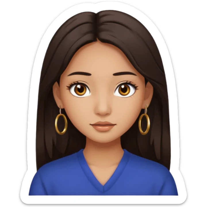 girl with brown asian eyes, long eyelashes, layerd mid length hair dark brown, tanned skin hoop earrings middle parting hair  sticker