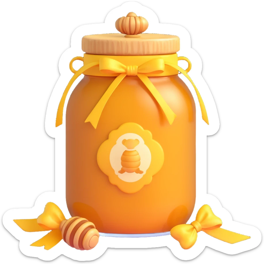 3D emoji style honey jar, with a ribbon tied around the neck, golden honey, simple and expressive sticker