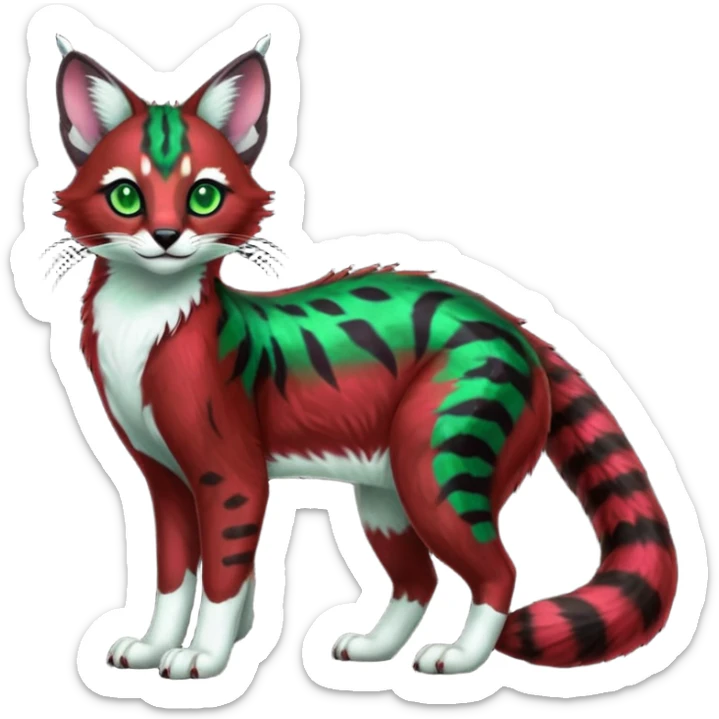 Colorful dark tropical sanguine-red, black, white fur, with green eyes, iridescent glorious divine exotic cute cool beautiful shiny beautiful fantasy-caracal-civet-genet-sergal-vernid-Cacomistle-oncilla-animal-Fakémon-hybrid-fursona with pattern markings (full body) sticker