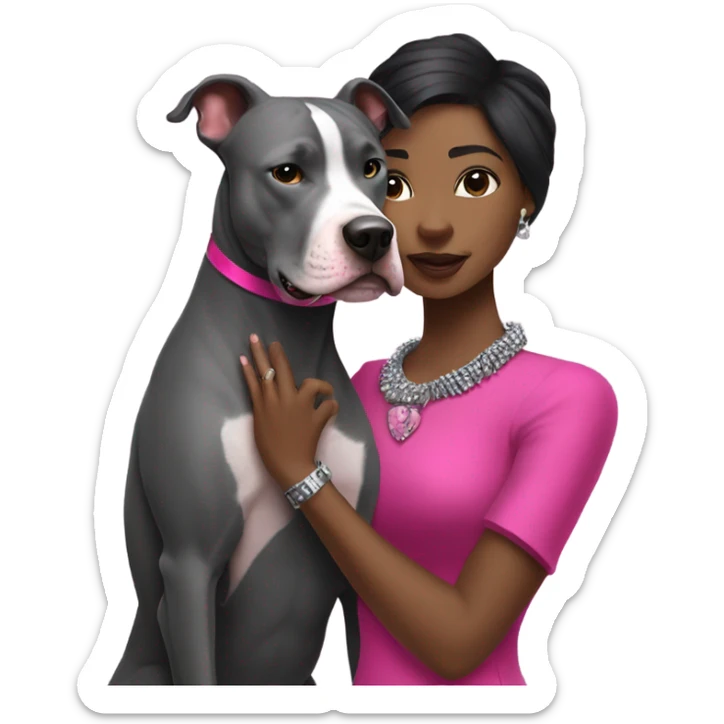 Black lady with black hair wearing hot pink dress hugging large gray pitbull with spiked pink collar sticker