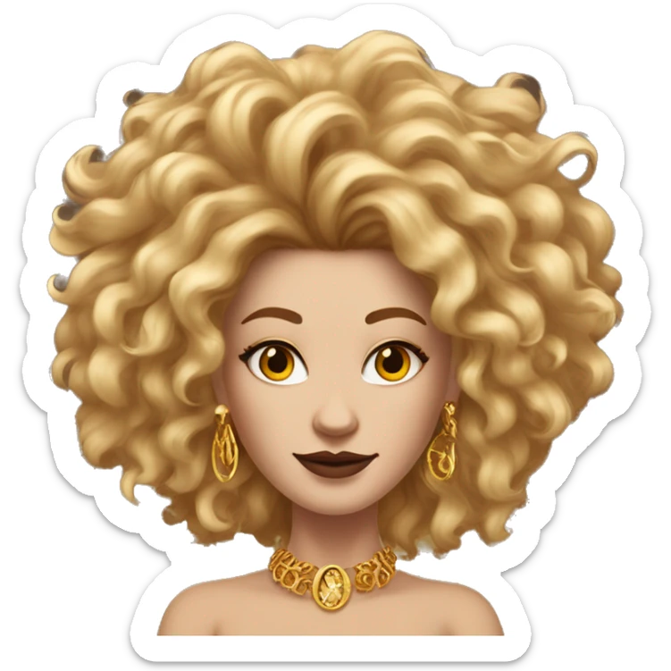 Create an emoji of a confident white woman with voluminous lion-like hair, bold makeup, and gold jewelry, embodying the Leo zodiac sign with a regal expression and fiery energy. sticker
