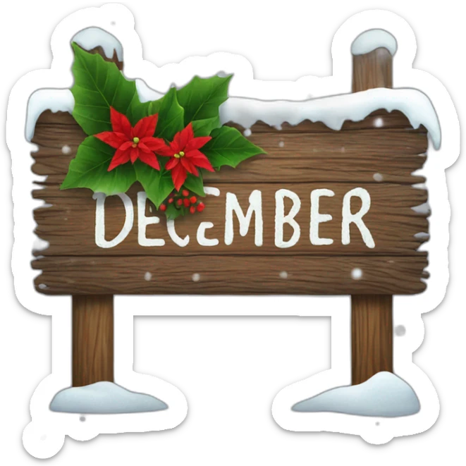 Wood sign with inscription december and poinsettia with snow on sign  sticker