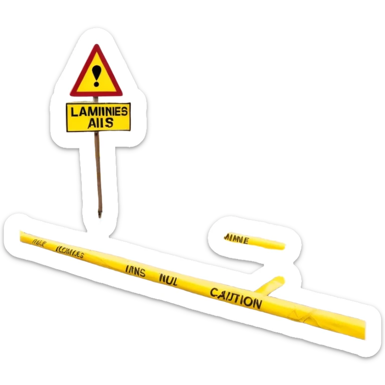 A vast, barren field filled with landmines scattered across the ground, marked by warning signs and caution tape, with a sense of danger and desolation in the air sticker