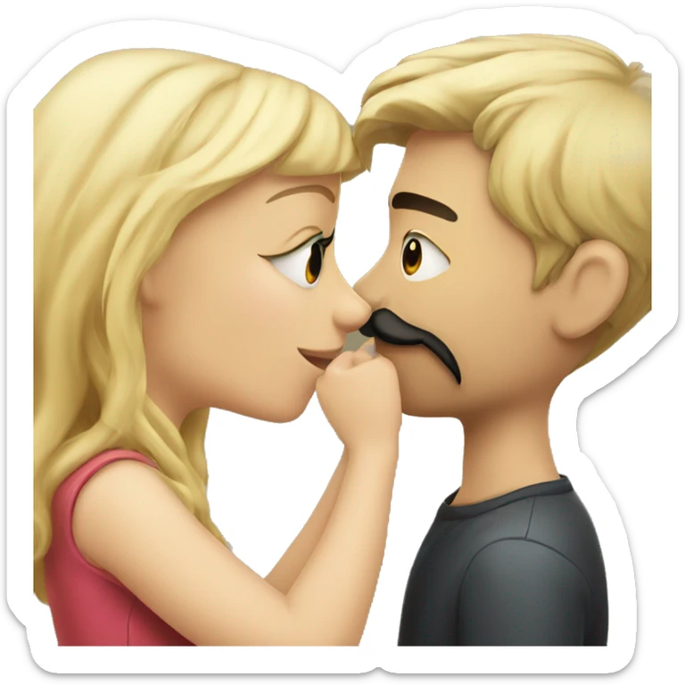 Blonde Girl kissing boy with dark hair with mustache sticker