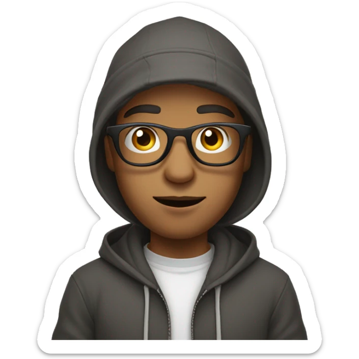 A young man with clear frame glasses and cap and hoodie with gang sign hand pose sticker
