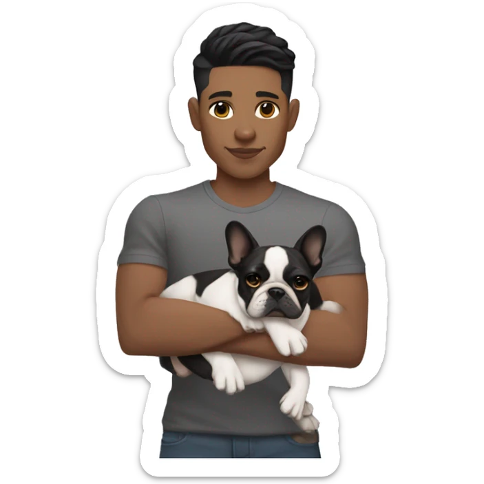 athletic light skin male with short black fade hairstyle holding a french bulldog sticker