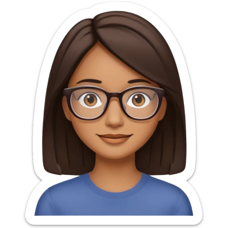 woman with tan skin, shoulder length straight dark-brown hair and glasses sticker
