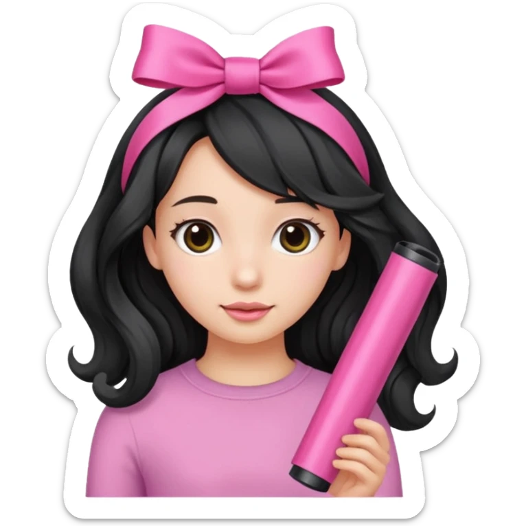 Girl with black wavy not so long hair and a ribbon hair clip make it look like wearing a pink tube sticker
