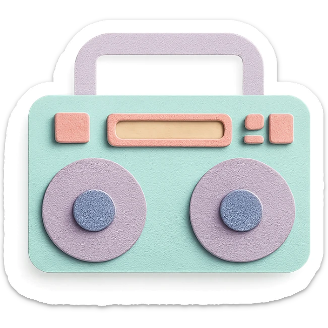 small portable boombox in paper-craft style with pastel colors and simple design sticker