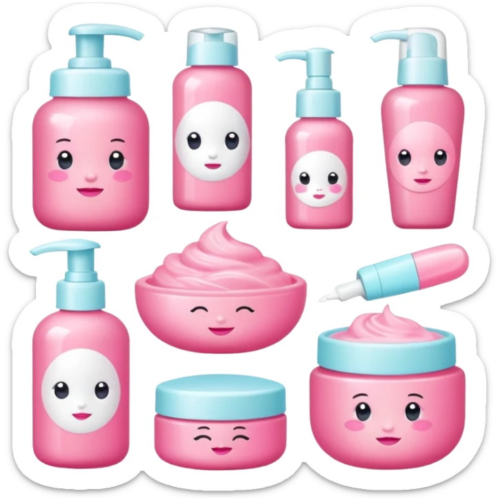 a collection of bright pink soft baby skincare and coqquette sticker