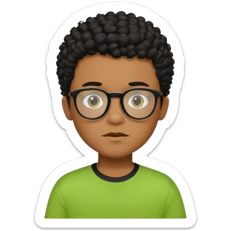 Menino pardo com cabelo curto cacheado preto raspado dos lados, de óculos preto e blusa verde e amarela sticker