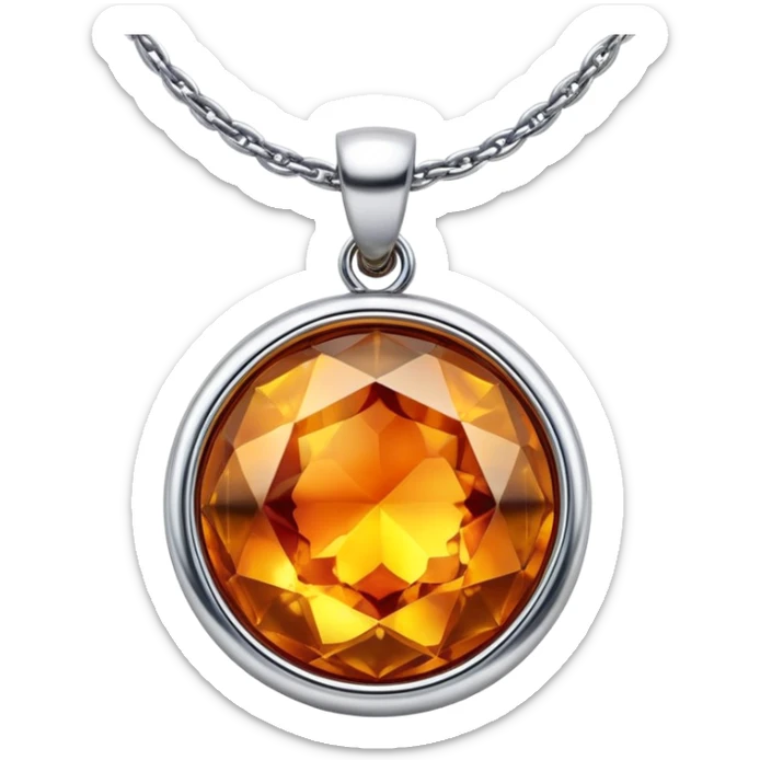 extreme close up of a round cut holographic amber charm with silver metal accent and twisted chain sticker