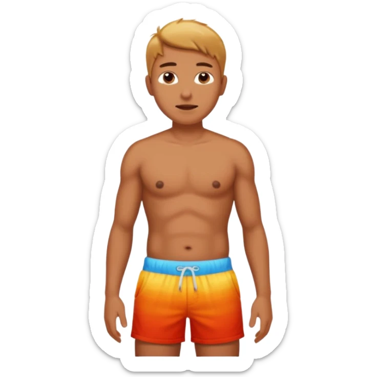 Emoji-style person in beach shorts with sunburned shoulders and chest - the chest and stomach should be white, the rest of the skin should be very red - very sunburned.  sticker