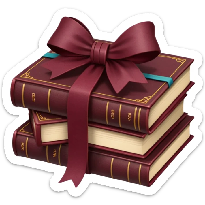burgundy books stacked up and tied together by a burgundy bow sticker