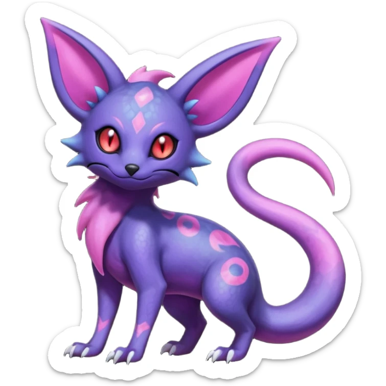 Rare epic aesthetic iridescent spooky gloomy colorful Salandit-Zorua-Espeon-Genet-species-Fakemon-hybrid-creature, with markings, full body sticker
