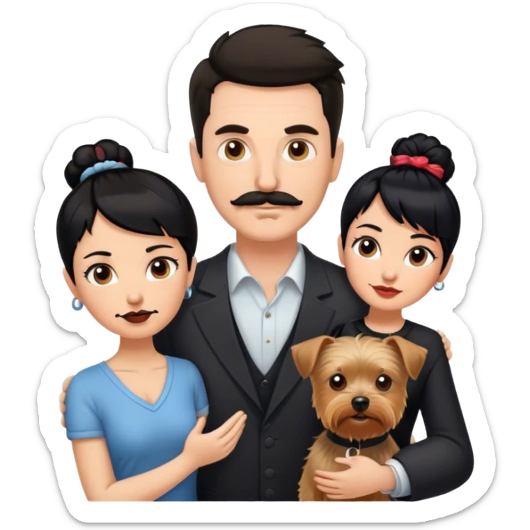 Tall white man with dark hair mustache goatee, and short woman with black hair bun, and a yorkshire terrier dog sticker