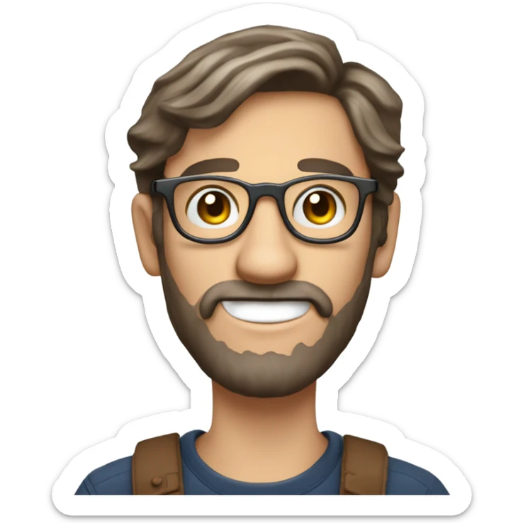 generate an emoji style image of a white beardless 20 years old man with long brown hair and round metal glasses but nerdy, holding a gadget and a phillips screwdriver sticker
