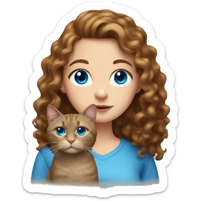 White Girl with long curly brown hair with a brown cat and blue eyes sticker