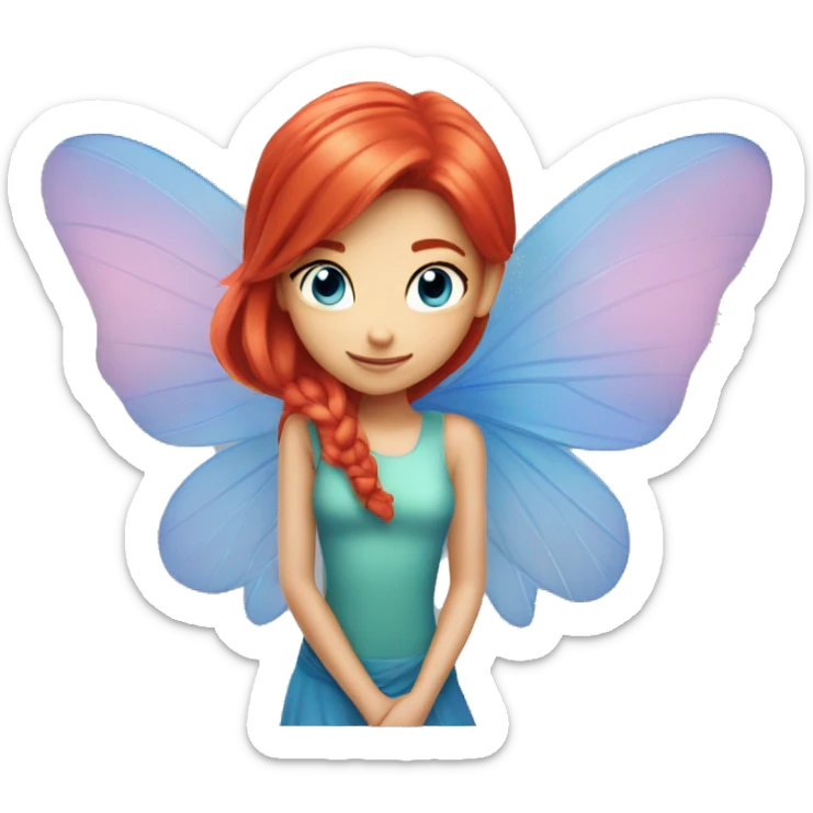 bloom winx fairy with red hair and blue eyes and in blue shirt with wings  sticker