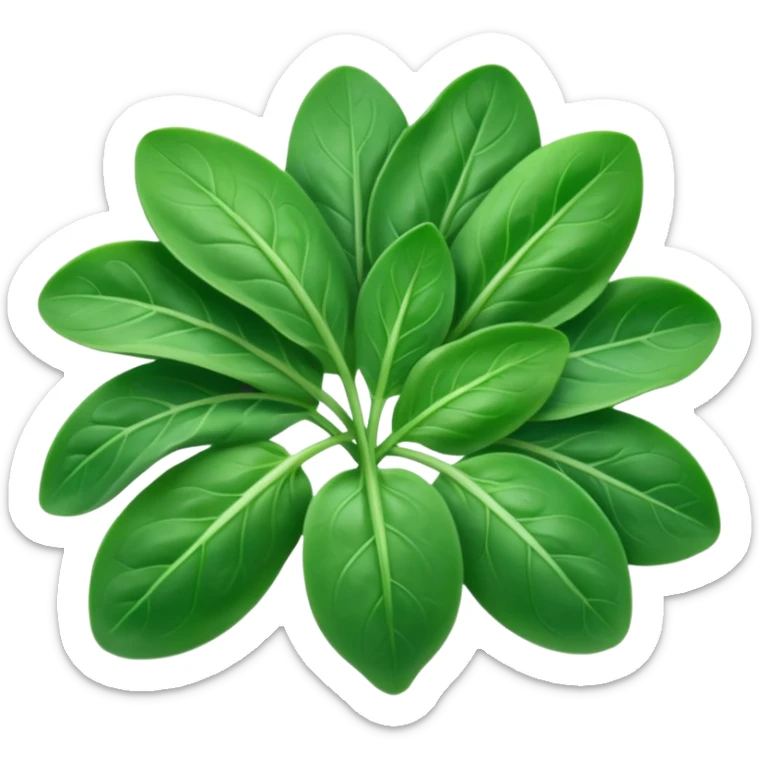 small handful of fresh baby spinach leaves, vibrant green color, smooth oval shapes, delicate veins, slight natural curl, soft slightly glossy surface, tender and fresh, no bowl, no water droplets, no packaging, soft lighting, subtle shadows, emoji scale sticker