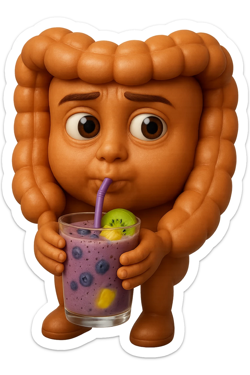 EMOJI STILE IPHONE DI un intestino umano anatomico che beve un frullato di mirtilli, ananas, kiwi, fagli anche la parte bianca degli occhi, non solo le pupille, REALISTICo 4K sticker