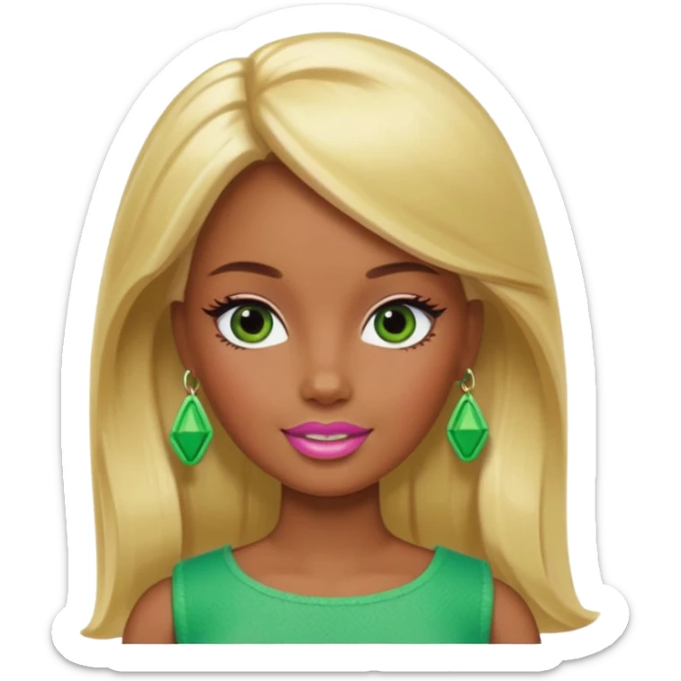 Brown skin blonde hair Barbie with green on her face  sticker