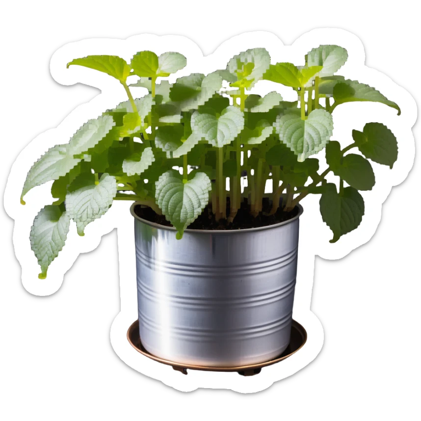 8-bit pixel art of small Plectranthus Verticillatus sprouts with round circular leaves in a shiny metallic planter sticker