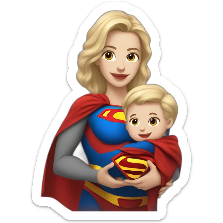 mother white skin brown hair dressed as Superman with a cape holding a blondbaby sticker