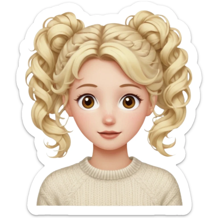 blonde hazel eyes woman with a white cable knit sweater and one curly messy bun with tendrils of hair flowing down her face and she is happy pale, some freckles, blush. she has a cateye wing and long lashes sticker