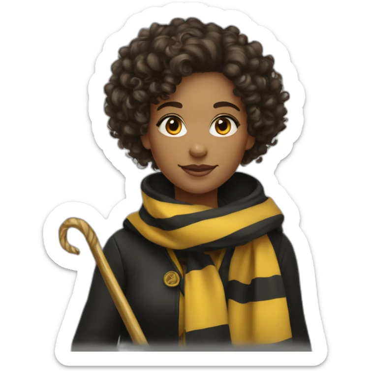 Curly hair girl in hufflepuff with scarf and wand sticker