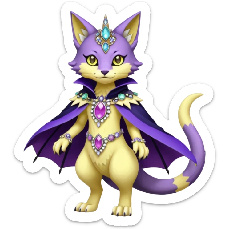 Kawaii cute Violet Yellow Black beautiful pretty elegant divine edgy feline-vernid-sergal-Fakémon-Pokémon-Digimon-fursona-animal-creature, full body, with intricate detailed markings, Embroidered capelet, Gem-studded horn ring sticker