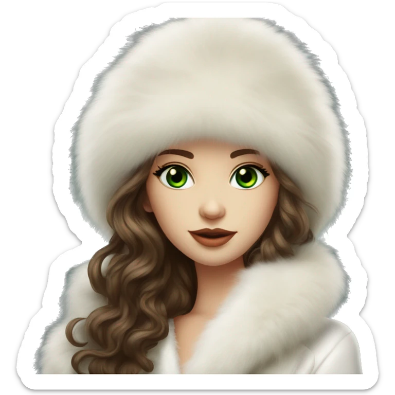 Beautiful Slavic green eyes girl with brown wavy long hair in a big white fur hat and white Mink fur coat sticker