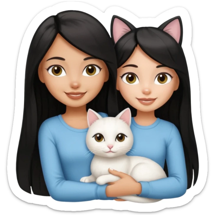 a pretty tan bratz girl with black long straight hair smiling and holding a white cat\ sticker