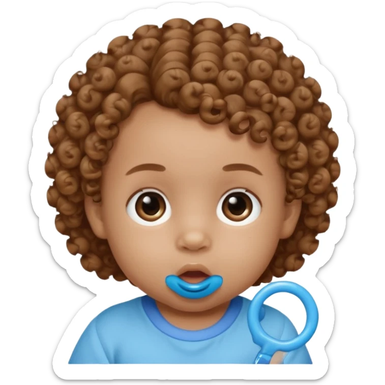 A baby with light brown skin, curly light-brown hair, wide brown eyes, and a blue pacifier.  sticker