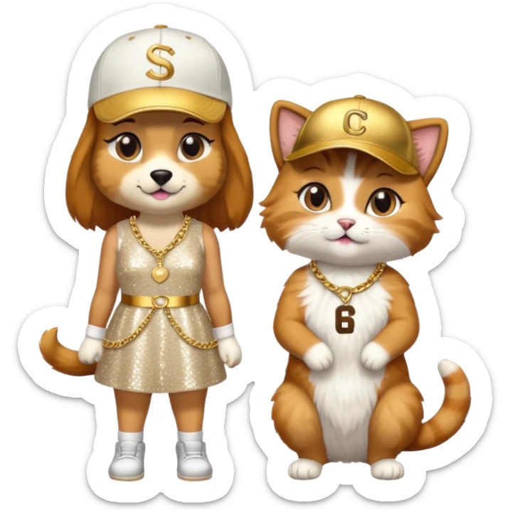 dog on a stage wearing rapper clothes next to a female cat with a dress sticker
