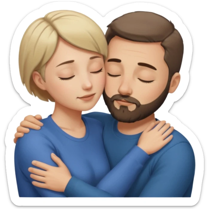 draw a man and a woman hugging each other passionately. looking toward each other. woman has short hair. man has short hair and beard. draw them with closed eyes. sticker