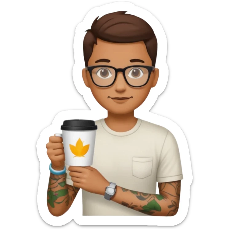 gözlük takan, dövmeli ve elinde kahve tutan, yaz kıyafetli insan sticker