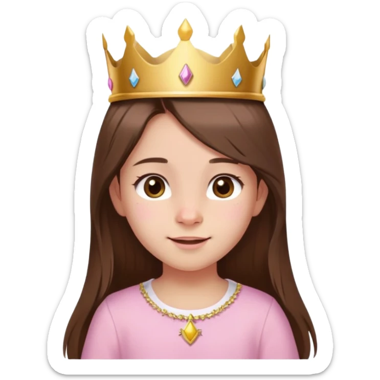 girl, straight long brown hair, brown eyes, baby pink shirt, gold crown, small birthmark left of nose, cheerful birthday expression sticker