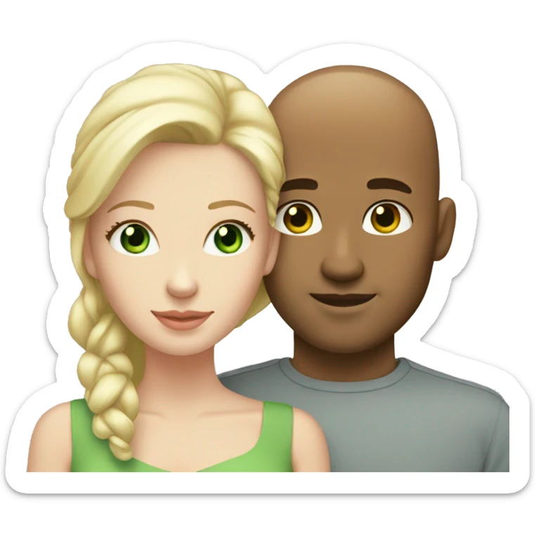 Loving white couple. White Male = bald, 35, light green eyes. Female = long blonde highlights, light green eyes sticker
