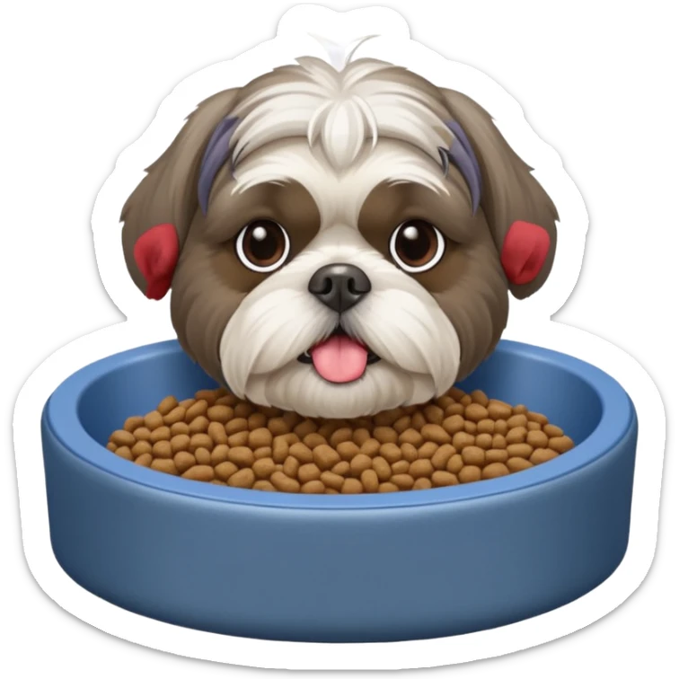 old ALL grey shih tzu in dog bed tongue hanging out with a bowl of food sticker