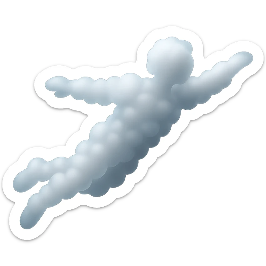 a person flying in the air, entirely made of small very white fluffy clouds, matte glass style, no background, no shadows, no extra details sticker