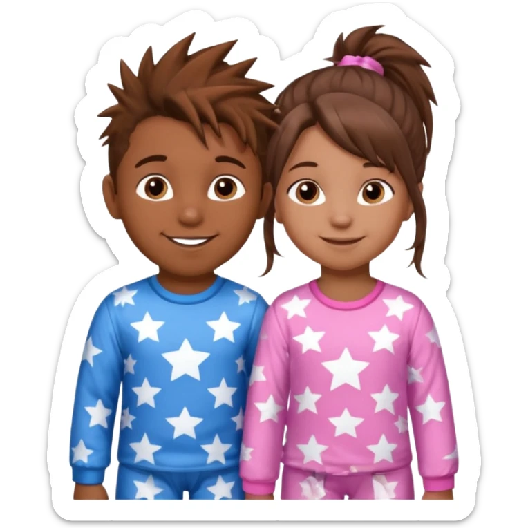 4 year old brown spikey haired boy with blue pajamas with stars on them and a 1 year old brown haired pony tail girl with pink pajamas, and stars on them with light skin. Top left on, can you make them smile more?  sticker