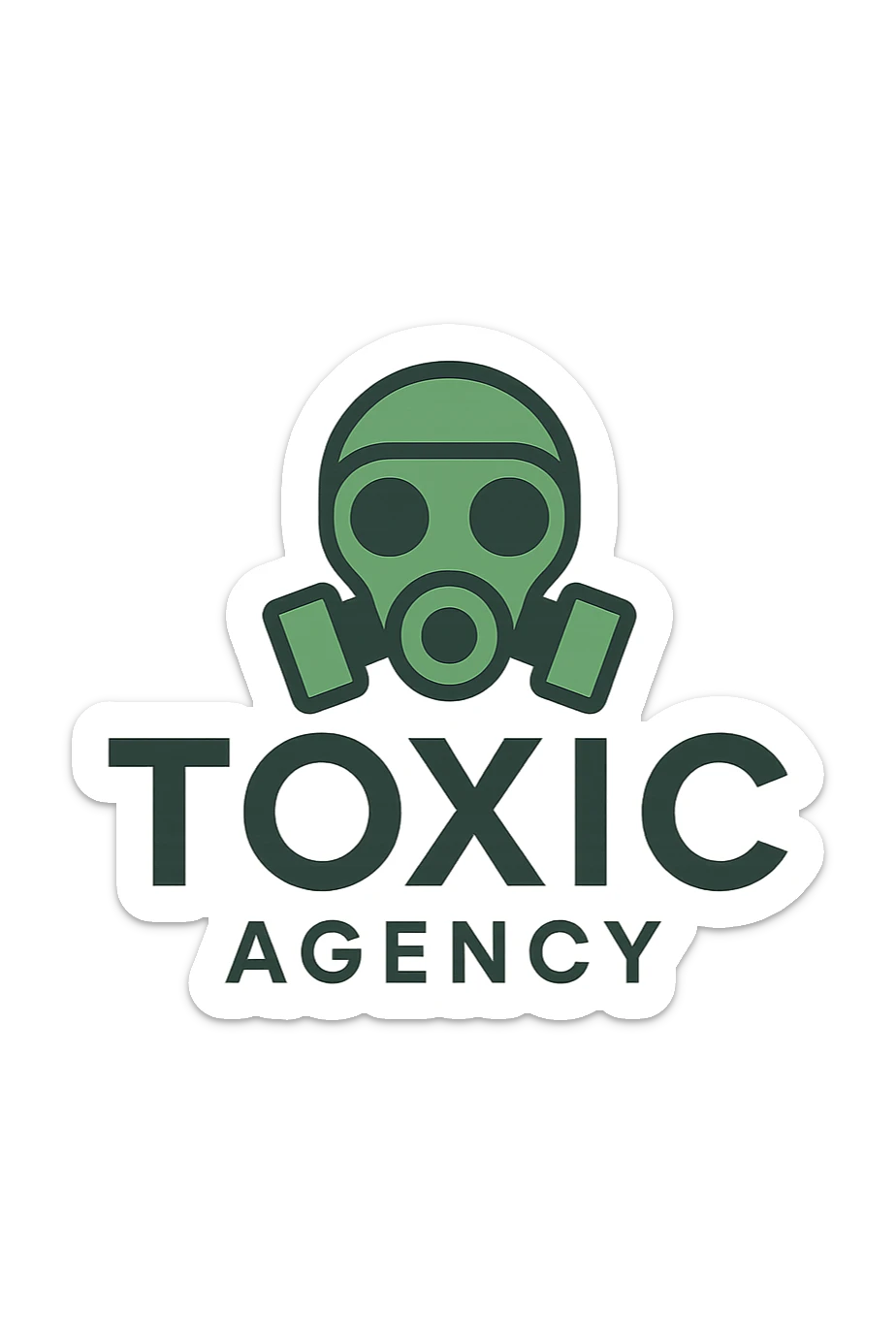 logo for 'Toxic Agency', stylized gas mask integrated into the text, green and gray color palette, sleek and minimalistic sticker