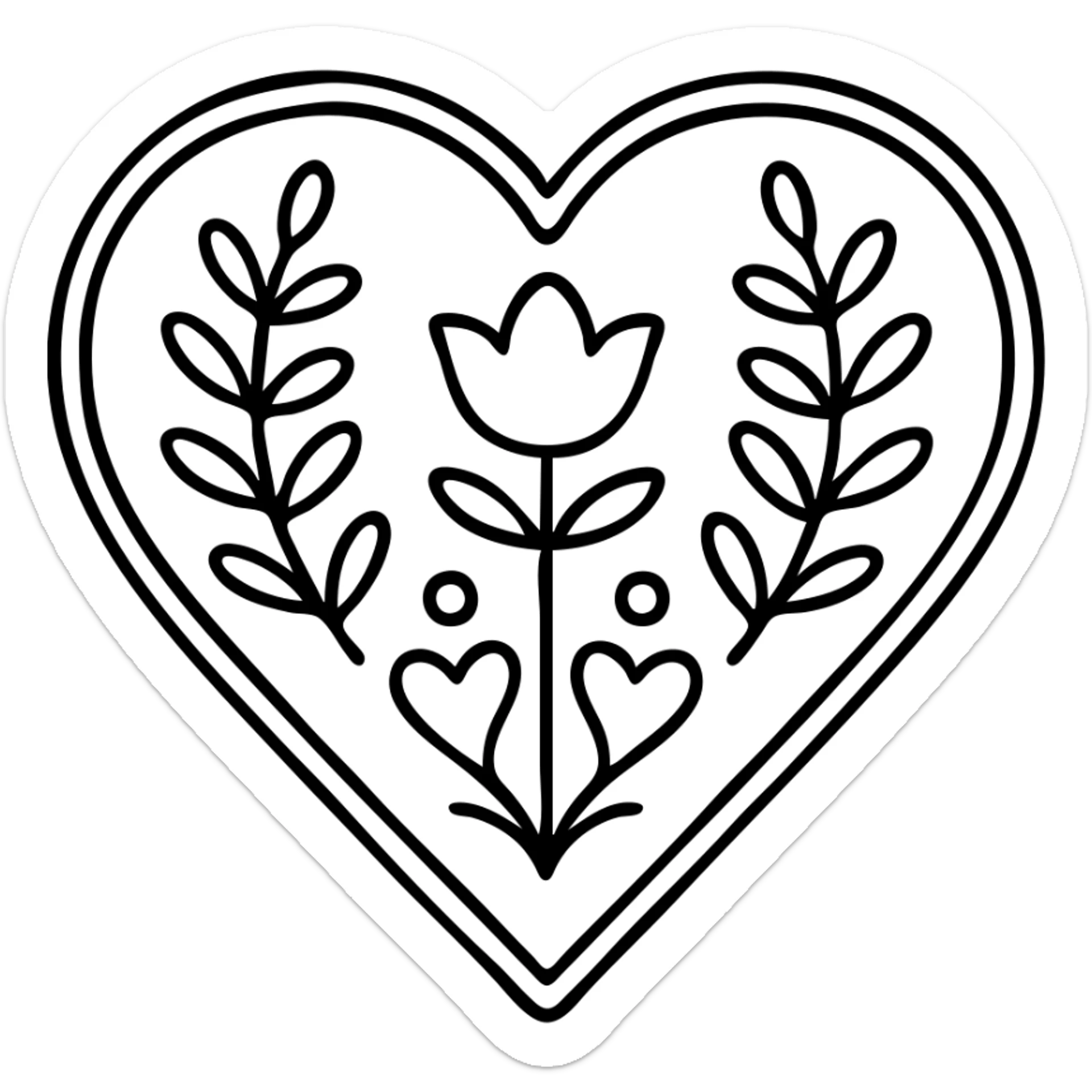 red heart with Scandinavian folk art nature motif, bright folk colors, simple and bold, black outline around the motif, gold border around heart, motif is clear at small size sticker