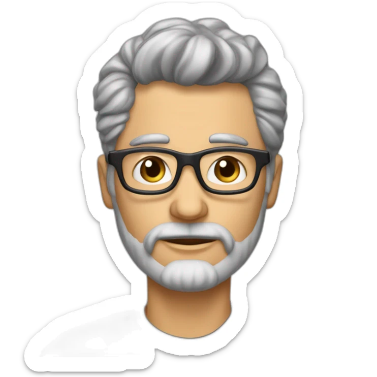 hombre de 55 años con el pelo muy corto y ondulado canoso, barba canosa cortita, boca grande y labios muy carnosos, ojos color gris claro, lentes de color negro sticker