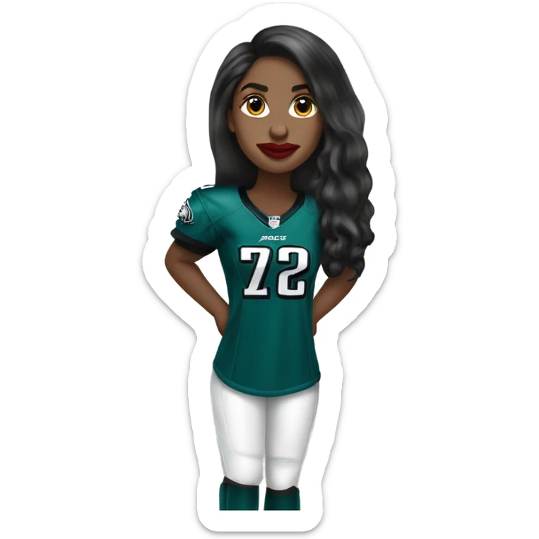 White female long dark hair red lips wearing Philadelphia Eagles jersey sticker