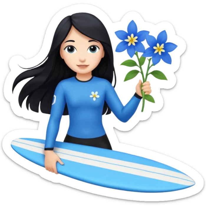 A girl with long black hair holding blue flowers surfing the sea sticker