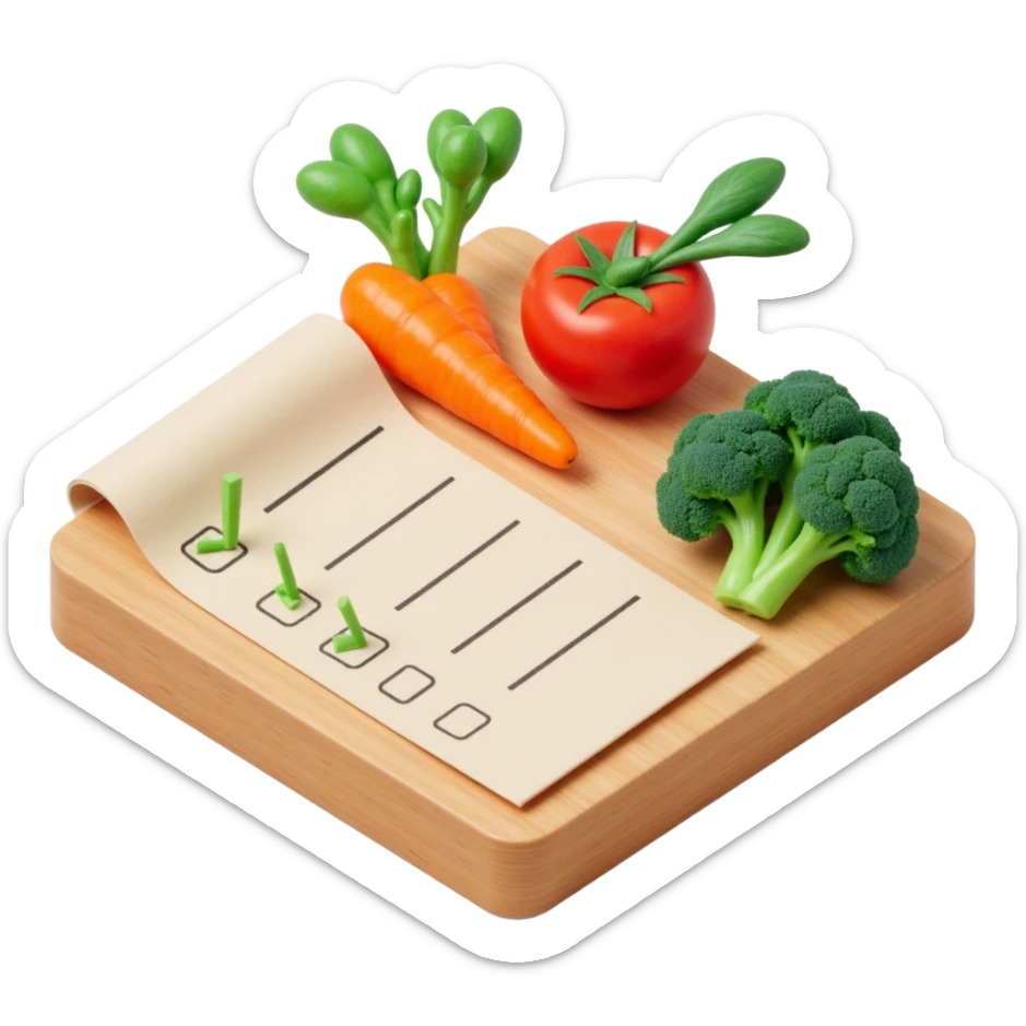 carrot tomato brocoli on the wooden cutting board with floating rolled paper list with green checkboxes sticker